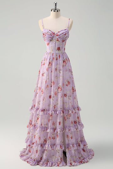 Grå lilla blomsterkorset A linje Spaghetti stropper brudepige kjole med slids